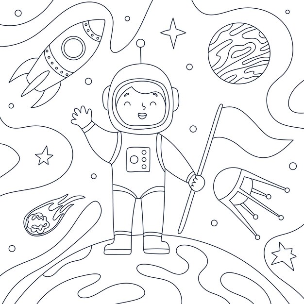 Ilustración de un libro de colorear de astronautas dibujado a mano