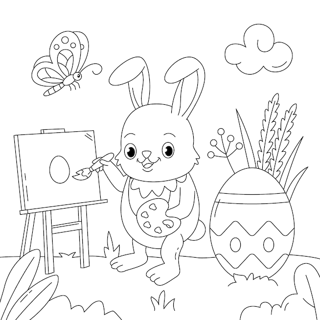 Ilustración de libro para colorear conejito dibujado a mano