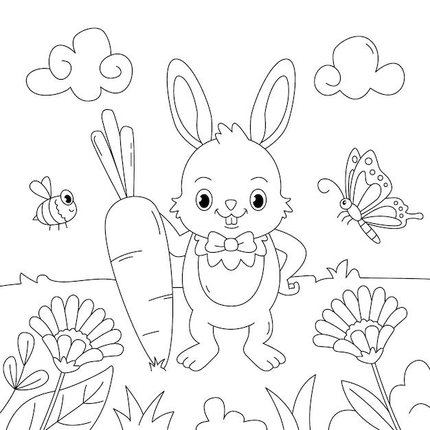 Ilustración de libro para colorear conejito dibujado a mano