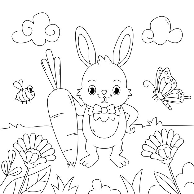 Ilustración de libro para colorear conejito dibujado a mano