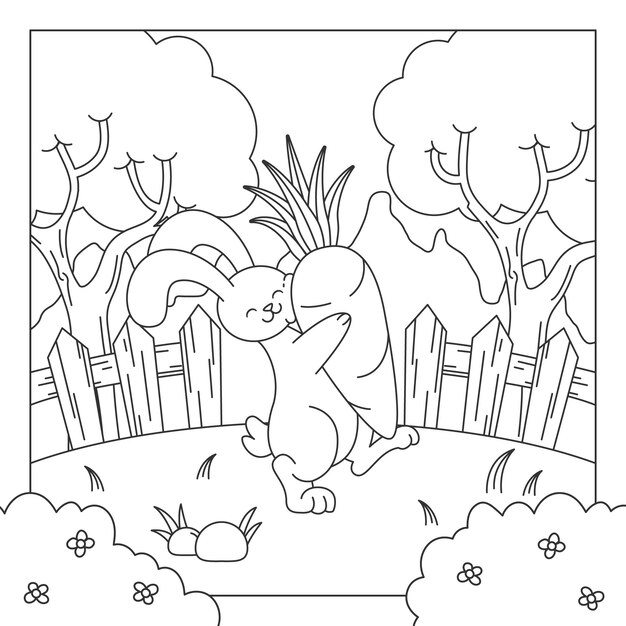 Ilustración de libro para colorear conejito dibujado a mano