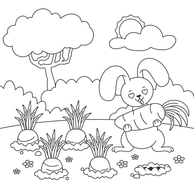 Ilustración de libro para colorear conejito dibujado a mano