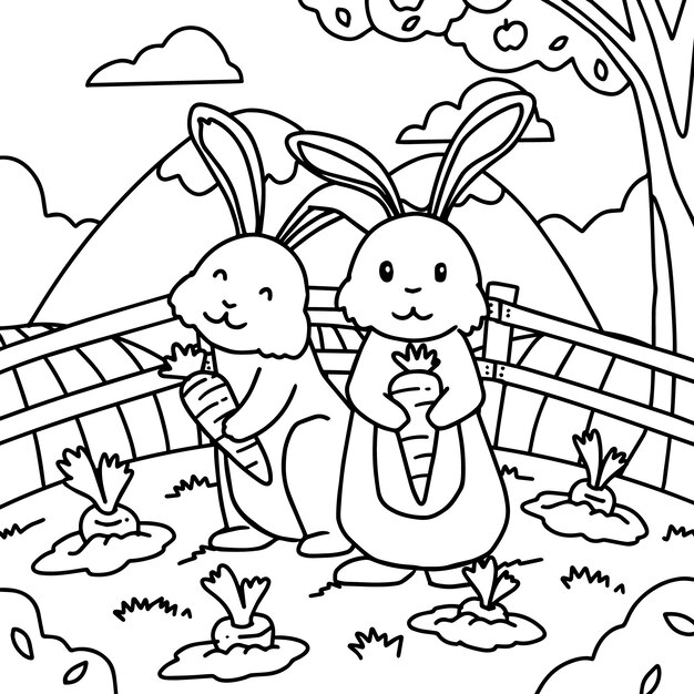 Ilustración de libro para colorear conejito dibujado a mano