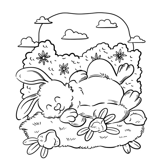 Ilustración de libro para colorear conejito dibujado a mano