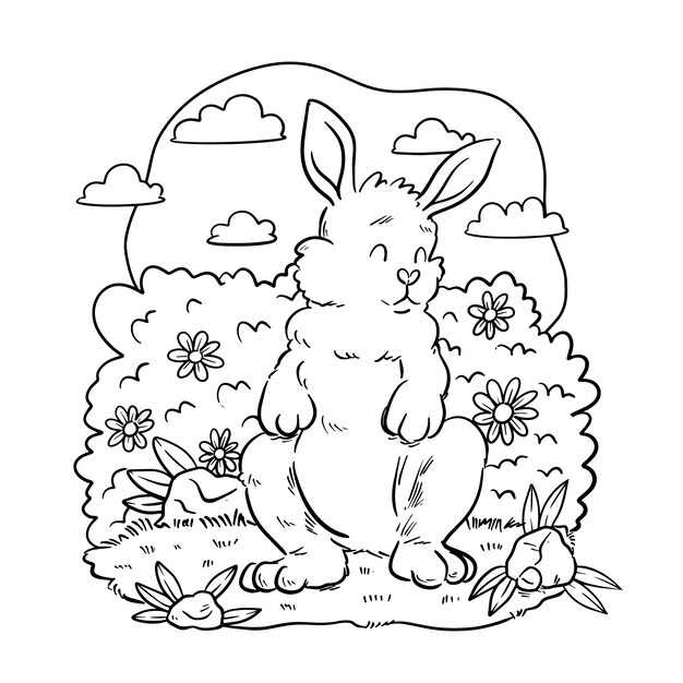 Ilustración de libro para colorear conejito dibujado a mano
