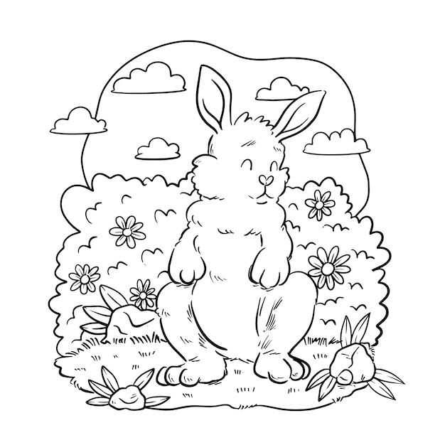 Ilustración de libro para colorear conejito dibujado a mano