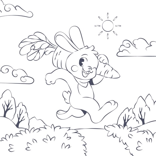 Ilustración de libro para colorear conejito dibujado a mano