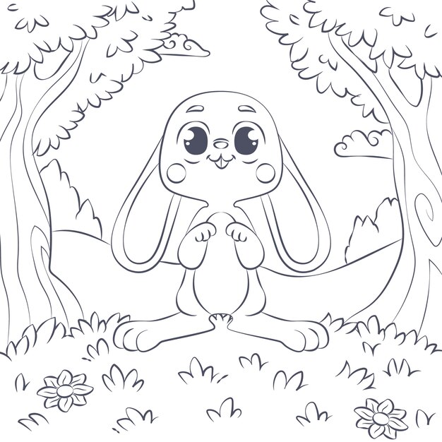 Ilustración de libro para colorear conejito dibujado a mano