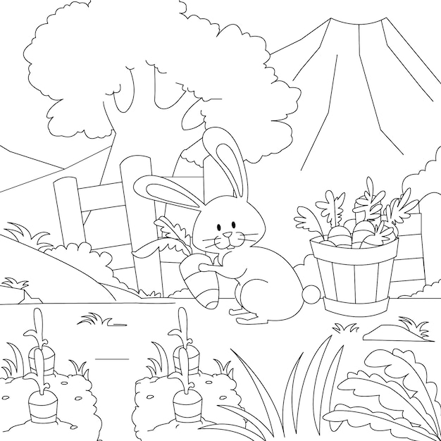 Ilustración de libro para colorear conejito dibujado a mano