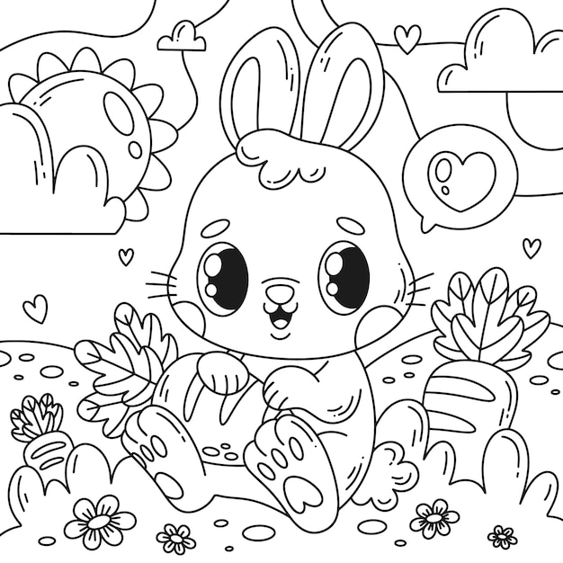 Ilustración de libro para colorear conejito dibujado a mano