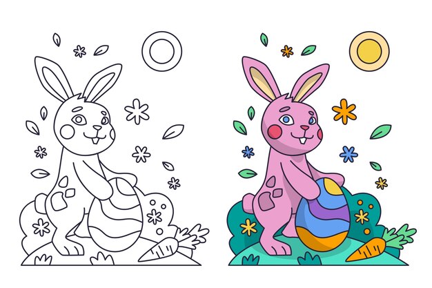 Ilustración de libro para colorear conejito dibujado a mano
