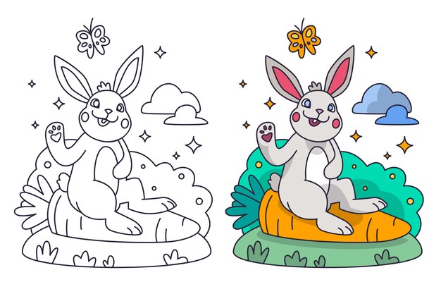 Ilustración de libro para colorear conejito dibujado a mano
