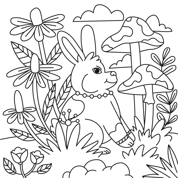 Ilustración de libro para colorear conejito dibujado a mano