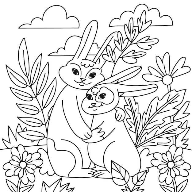 Ilustración de libro para colorear conejito dibujado a mano