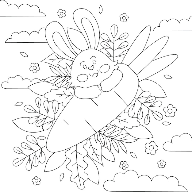 Ilustración de libro para colorear conejito dibujado a mano