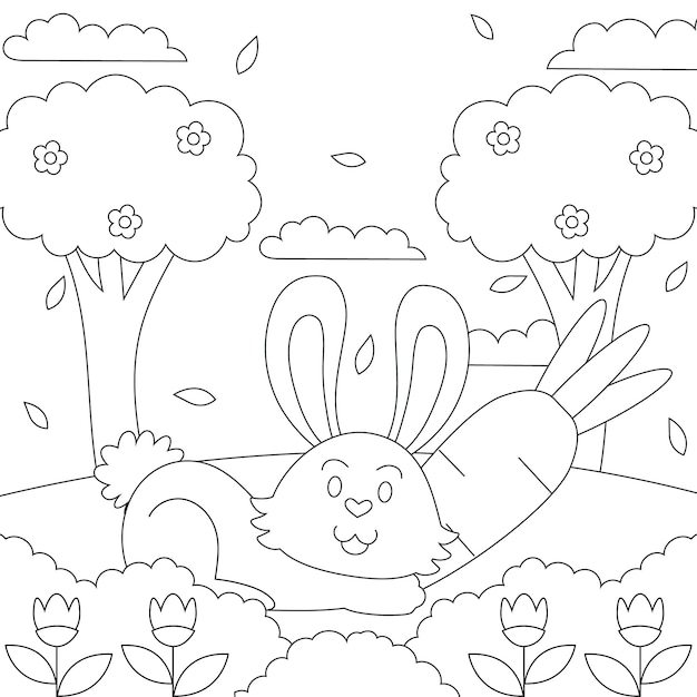 Ilustración de libro para colorear conejito dibujado a mano