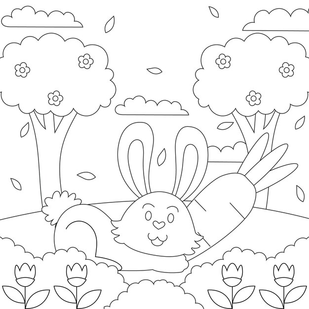 Ilustración de libro para colorear conejito dibujado a mano