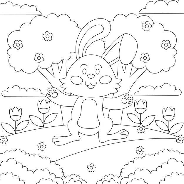 Ilustración de libro para colorear conejito dibujado a mano