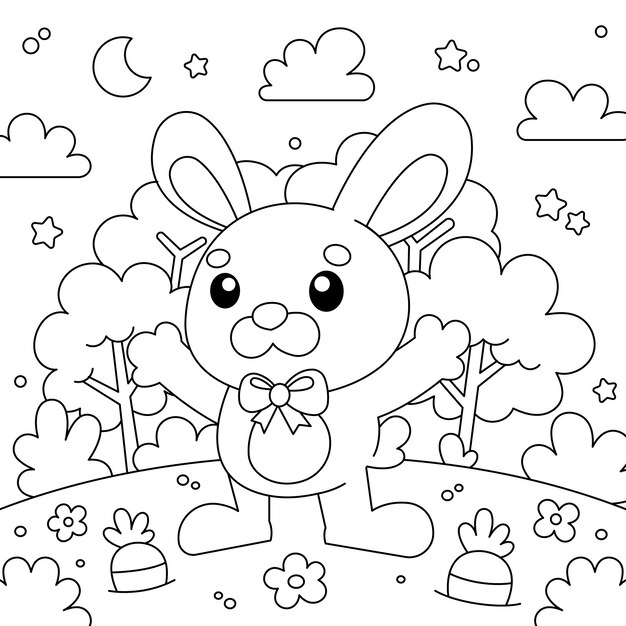 Ilustración de libro para colorear conejito dibujado a mano