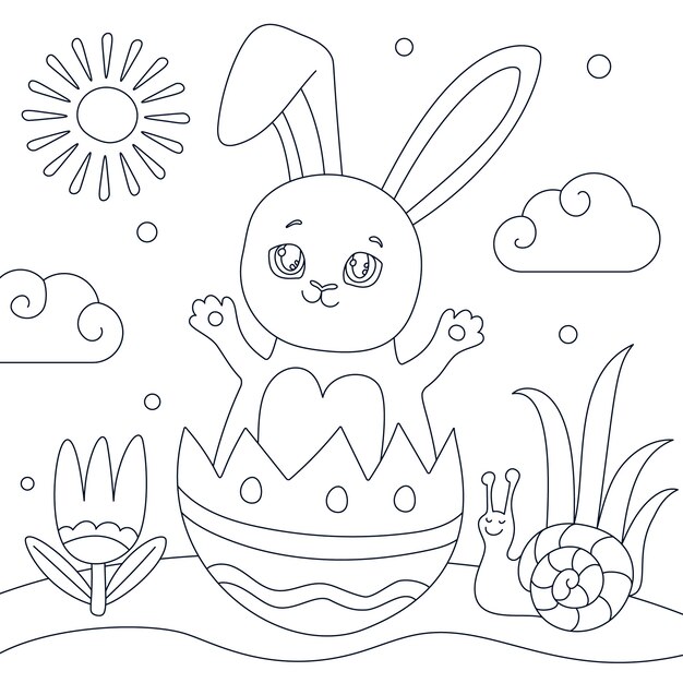 Ilustración de libro para colorear conejito dibujado a mano