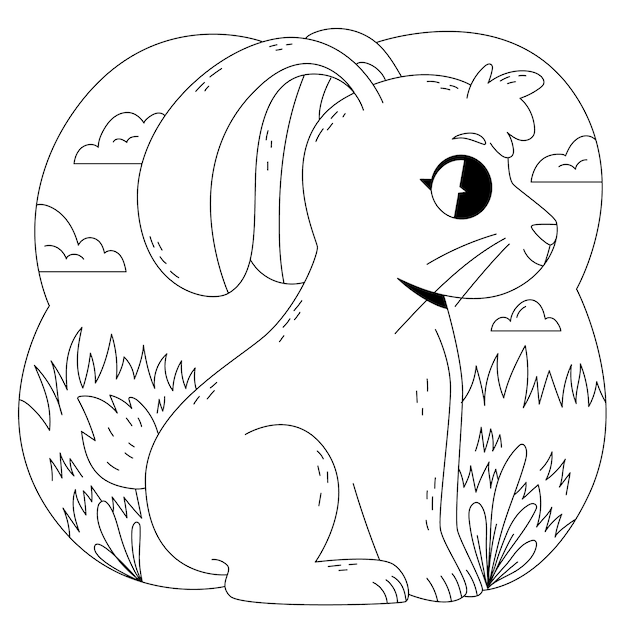 Ilustración de libro para colorear conejito dibujado a mano