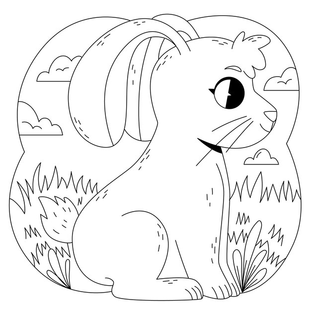 Ilustración de libro para colorear conejito dibujado a mano