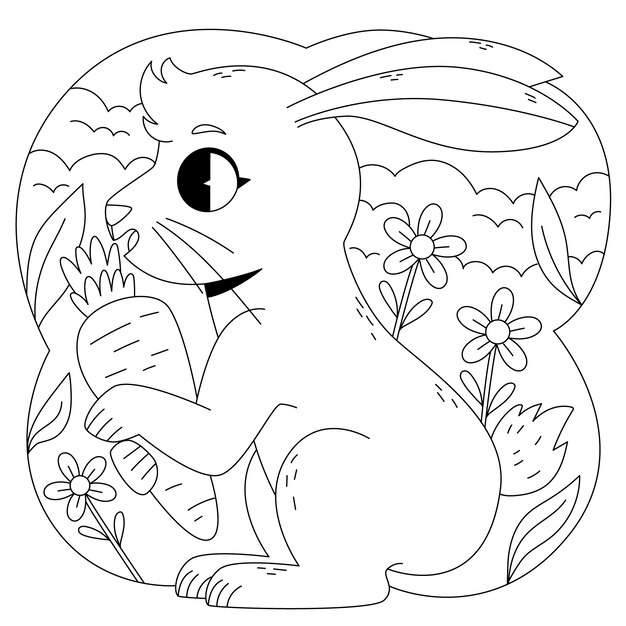 Ilustración de libro para colorear conejito dibujado a mano