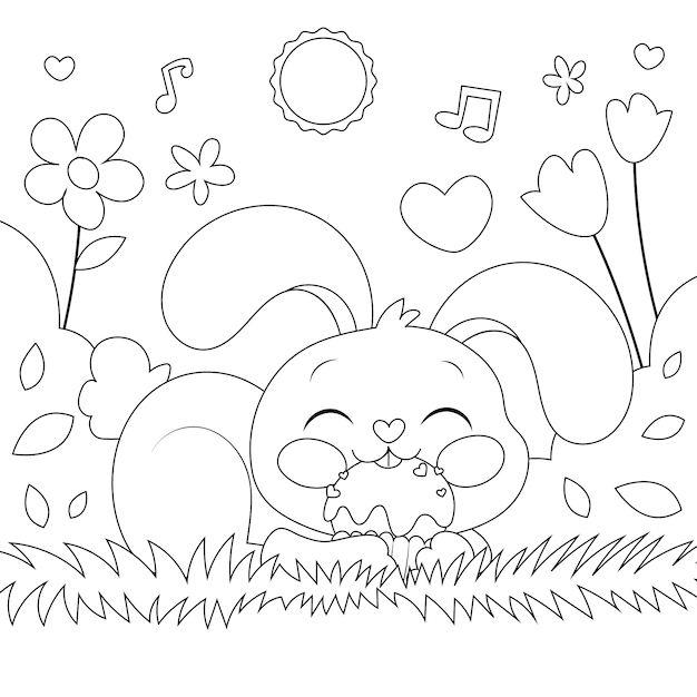 Ilustración de libro para colorear conejito dibujado a mano