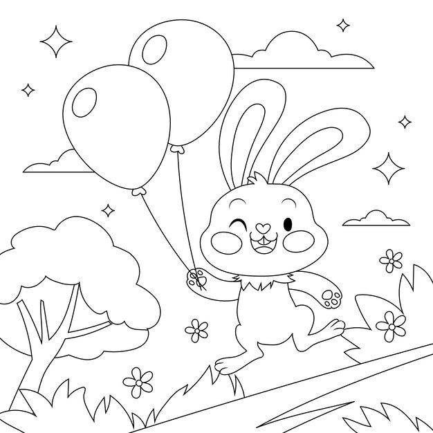 Ilustración de libro para colorear conejito dibujado a mano