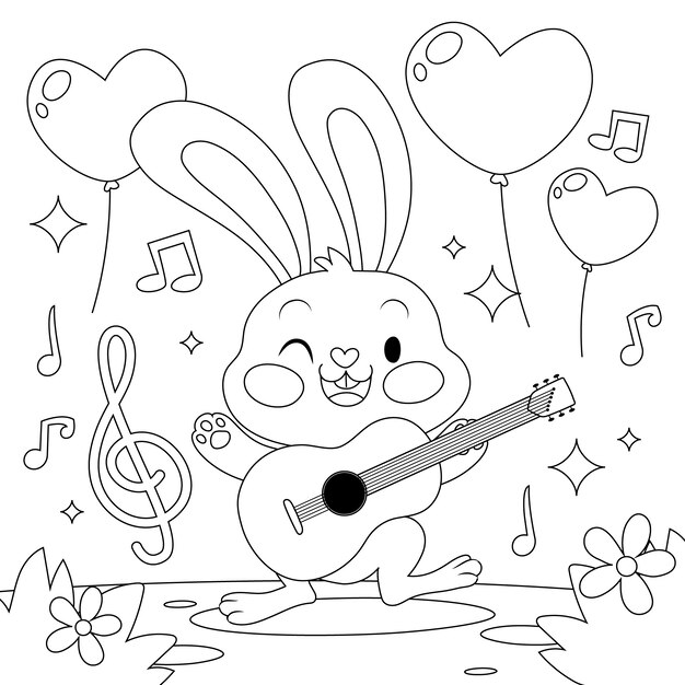 Ilustración de libro para colorear conejito dibujado a mano