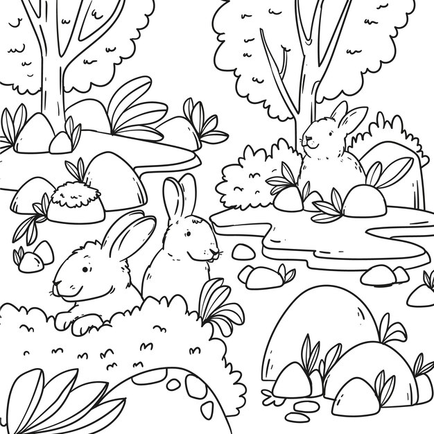 Ilustración de libro para colorear conejito dibujado a mano