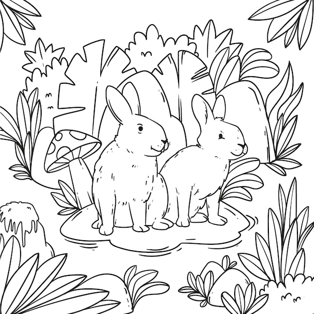 Ilustración de libro para colorear conejito dibujado a mano