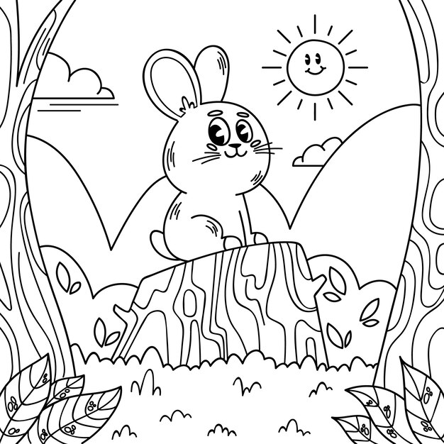 Ilustración de libro para colorear conejito dibujado a mano