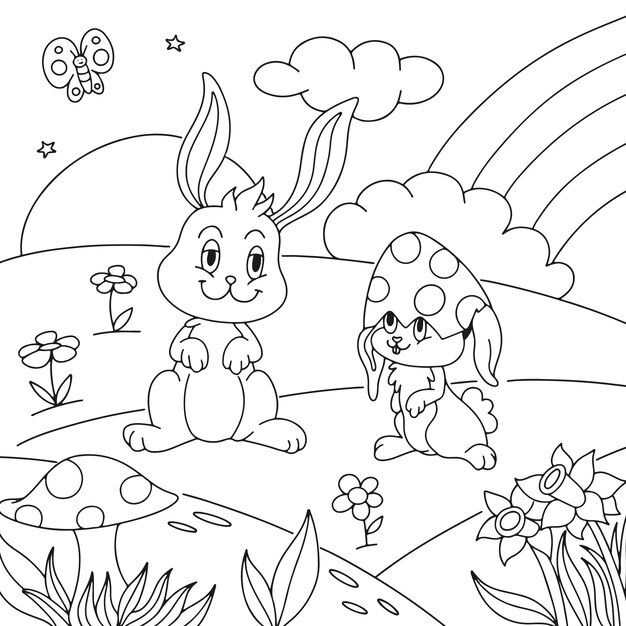 Ilustración de libro para colorear conejito dibujado a mano