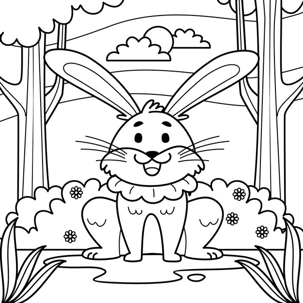 Ilustración de libro para colorear conejito dibujado a mano