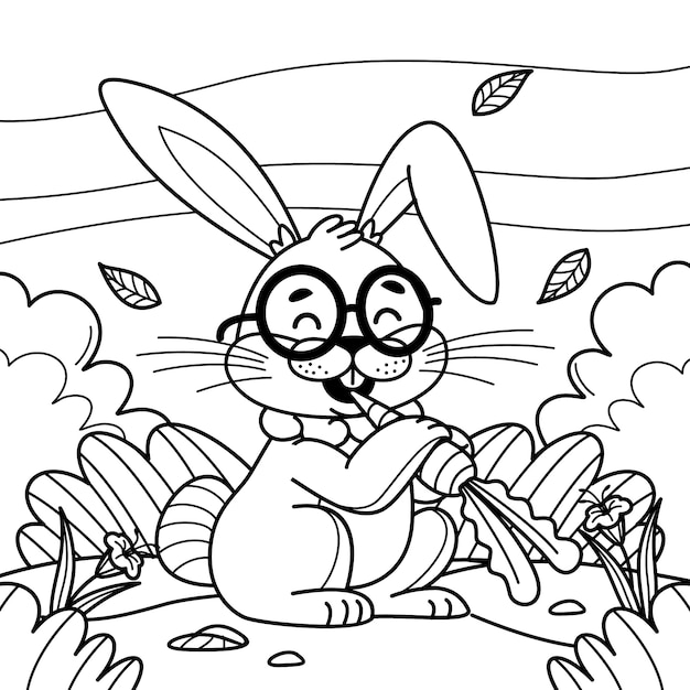 Ilustración de libro para colorear conejito dibujado a mano