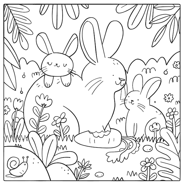 Ilustración de libro para colorear conejito dibujado a mano