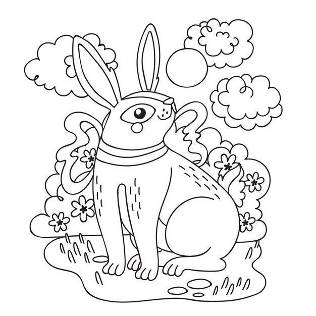 Ilustración de libro para colorear conejito dibujado a mano
