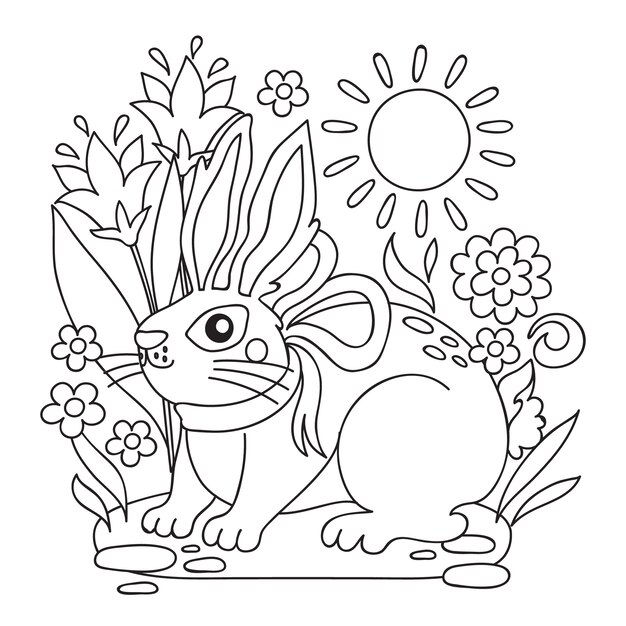 Ilustración de libro para colorear conejito dibujado a mano