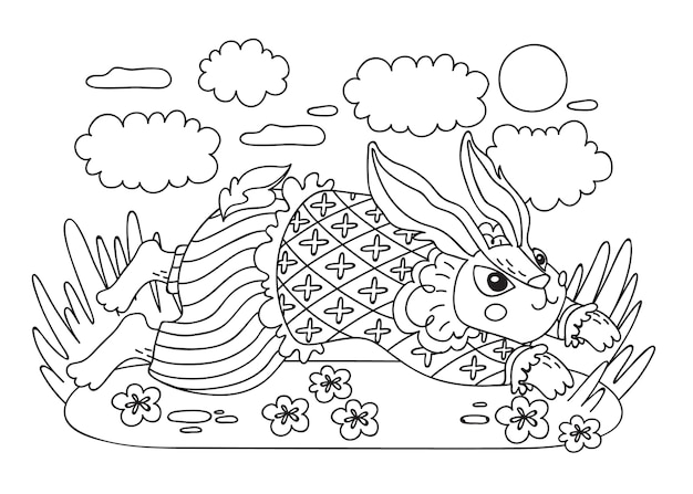 Ilustración de libro para colorear conejito dibujado a mano