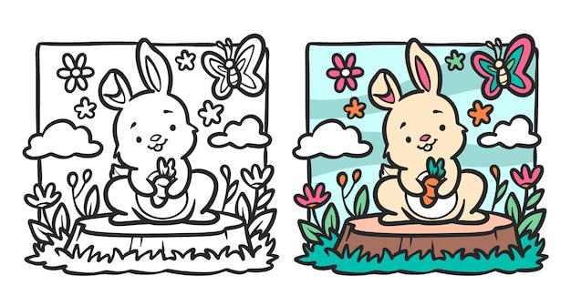 Ilustración de libro para colorear conejito dibujado a mano