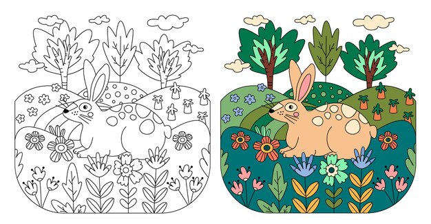 Ilustración de libro para colorear conejito dibujado a mano