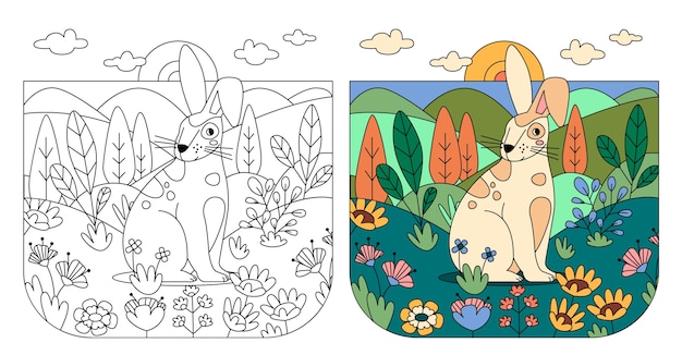 Ilustración de libro para colorear conejito dibujado a mano