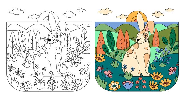 Ilustración de libro para colorear conejito dibujado a mano