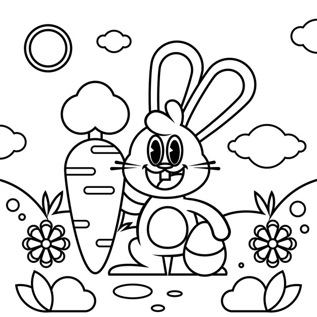 Ilustración de libro para colorear de conejito de pascua dibujado a mano