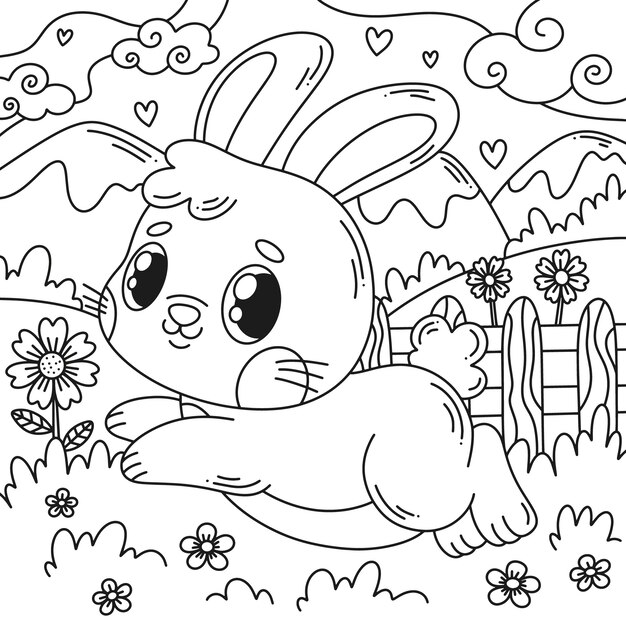 Ilustración de libro para colorear de conejo dibujado a mano