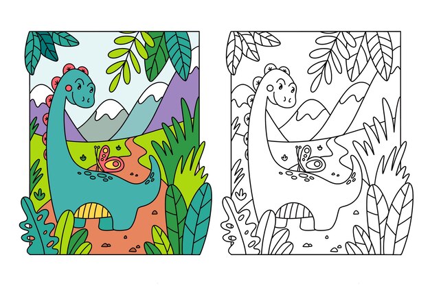 Ilustración de libro para colorear de dinosaurio dibujado a mano
