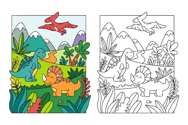 Ilustración de libro para colorear de dinosaurio dibujado a mano