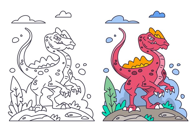 Ilustración de libro para colorear de dinosaurio dibujado a mano