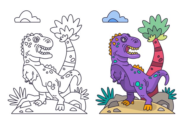Ilustración de libro para colorear de dinosaurio dibujado a mano